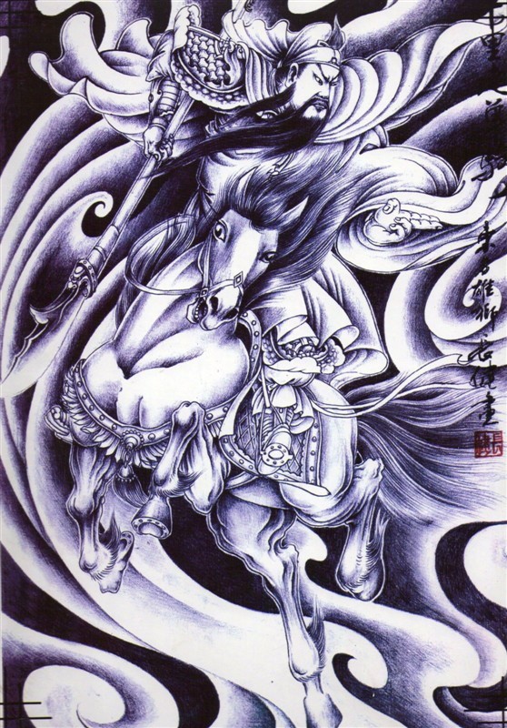 关羽奔马赴战手稿制图