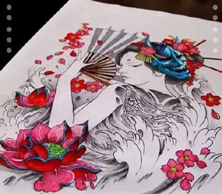 漂亮的艺妓莲花樱花列合cq9电子制图案