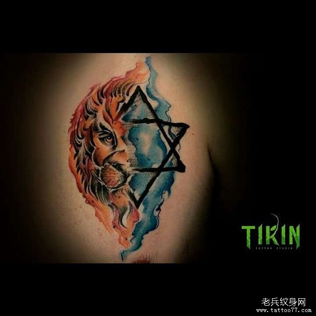 六芒星狮子泼墨彩绘cq9电子制图案手稿