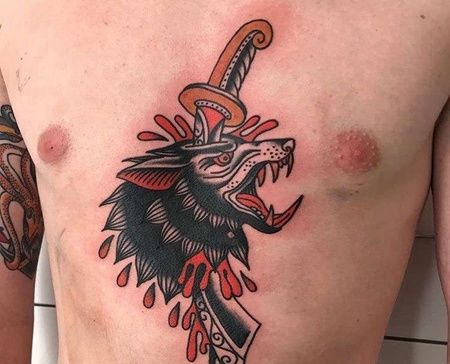 Old School前胸狼匕首cq9电子制图案